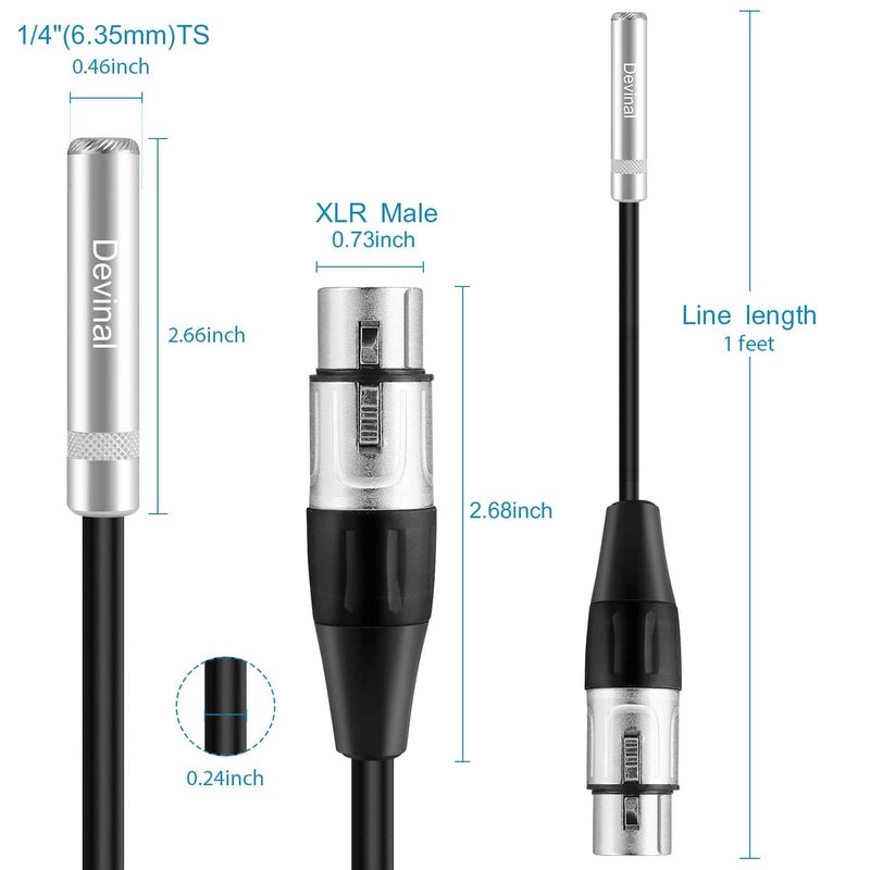 Devinal XLR Female to 1/4" Female calbe, XLR Jack to 6.35mm TS/TRS Quarter inch Audio Adapter Cord Connector Converter Metal Construction 1 feet (30 cm) - Image 4